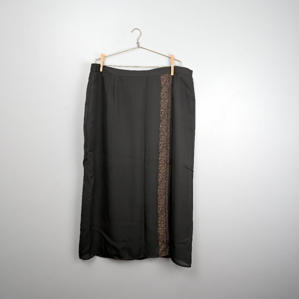 Vintage Hillard & Hanson Olive Green & Gold Faux Wrap Midi Skirt - Size 2X